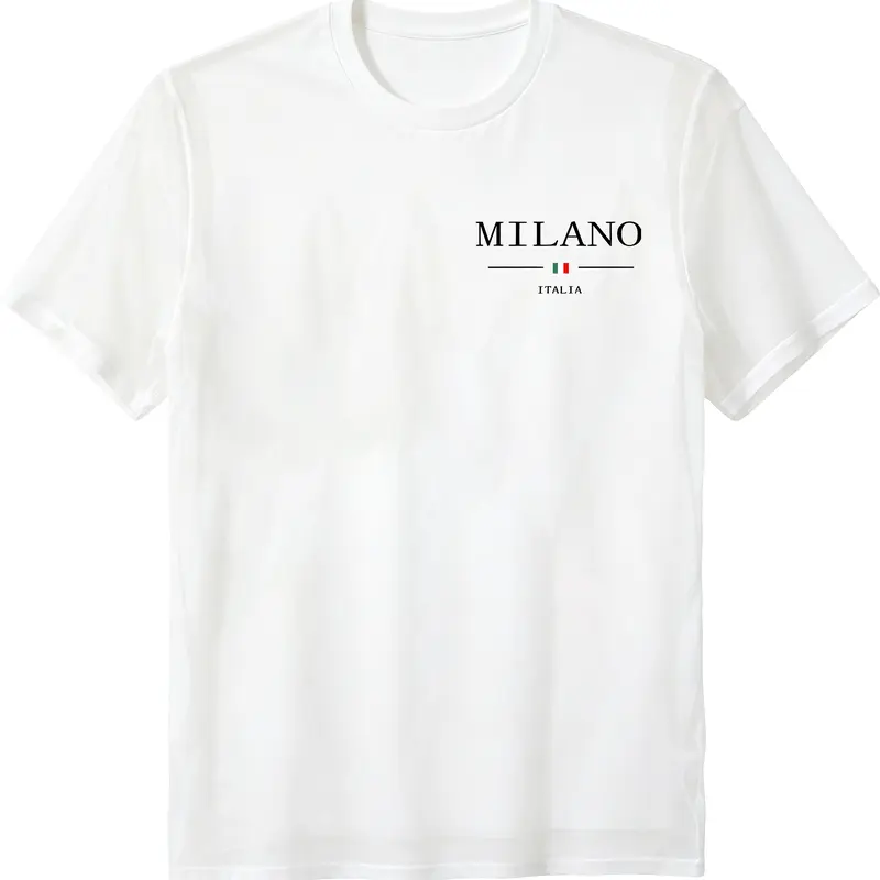 Mens Oversized Crew Neck Short Sleeve Tee Soft  Streetwear Boxy Fit White Milano Italia Chest Print Summer Casual Outfit Crewneck Menswear