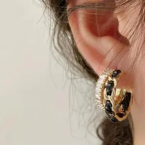 2026 Viral Trendy Dainty C-Shaped Double Layer Hoop Earrings for Women | 14K Gold Plated Hypoallergenic Lightweight Tarnish Resistant Cubic Zirconia Black Leather Chain Jewelry | Perfect for Daily Office Date Wedding Birthday Anniversary Gift for Her