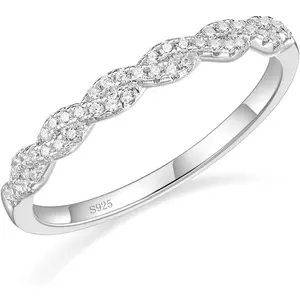 Silver Wedding Band for Women Cubic Zirconia Twisted Rope Half Eternity Band Ring Size 3-13