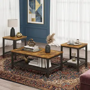 Industrial Coffee Table Set of 3, Square Coffee Table & 2 End Side Tables Combo, Metal Frame Living Room Accent Table Furniture For Apartment Home Office