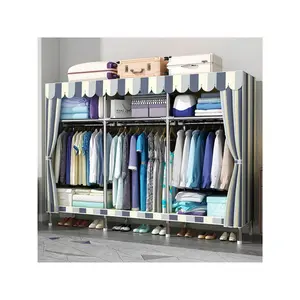 New 2024  77'' Inch Fabric Portable Wardrobe With 2 Movable Hanging And 8 Storage Shees Grey Striped Retro Pattern Home Decor Ideas
