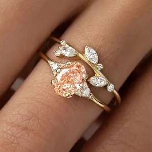 2-Piece Dainty CZ Jewelry |   14K Gold Plated Peach Morganite Ring Set |   Marquise Leaf Stackable Band |   Peach Morganite ring, stackable leaf rings, 14K gold CZ set, dainty peach jewelry, marquise petal band