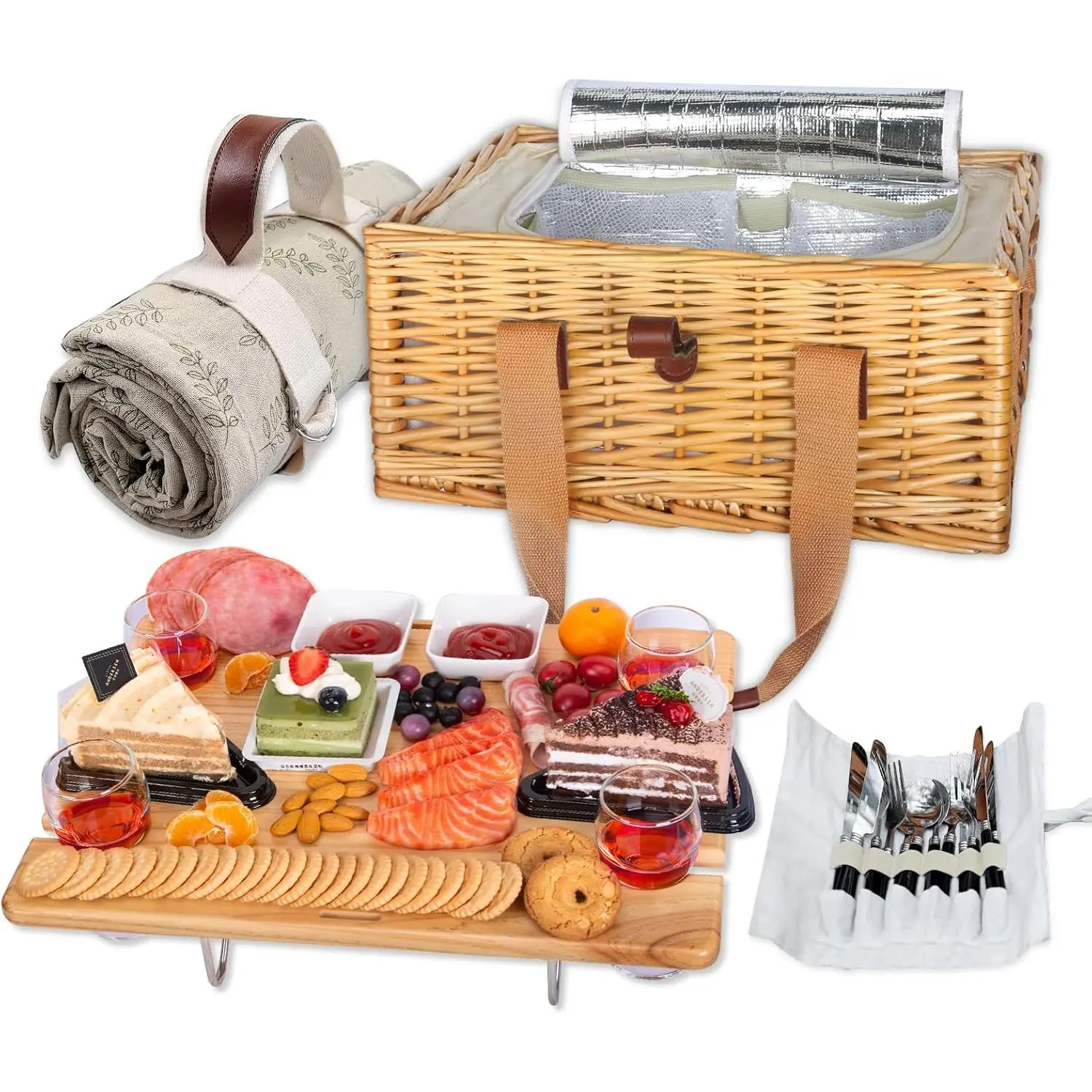 Wicker Picnic Basket for 4 with Mini Folding  Picnic Table & Large Insulated Cooler Bag & Cutlery Service Kits for 4 Person, Couples Gifts, Wedding Gifts (Y2307-4-CM)
