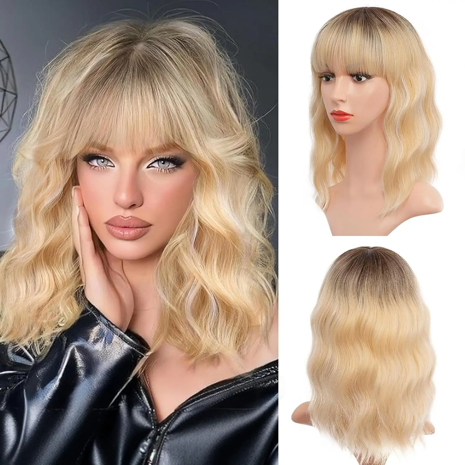 AISI HAIR Halloween Blonde Curly Bob Wig With Bangs Short Wavy Brown Highlight Color Wigs For Woman Synthetic Heat Resistant Bob Wigs White Boho Low Density Wig Boho