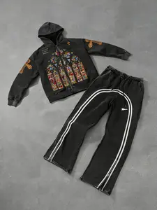 Men's Dark Retro Vintage Hoodie Set, Zipper Hooded Sweatshirt with Church Window Print, Cross Decoration, Striped Pants, Oversized Fit