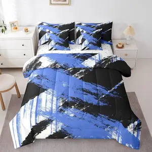 Abstract Art Comforter Set with Sheets Kids 7 Pieces Modern Geometric Bedding Set for Boys Girls Teens White Black Blue Bed in a Bag Room Decor