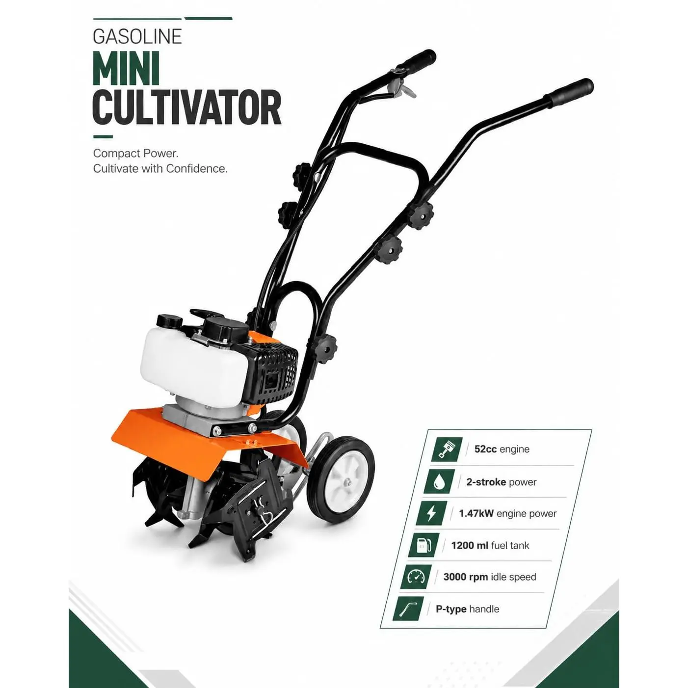 Garvee GT520 52CC Gas Powered Tiller Cultivator, 2 Stroke Heavy Duty Soil Cultivation Machine with 4 Adjustable Steel Front Tines, High Performance Rototiller for Lawn and Field Use