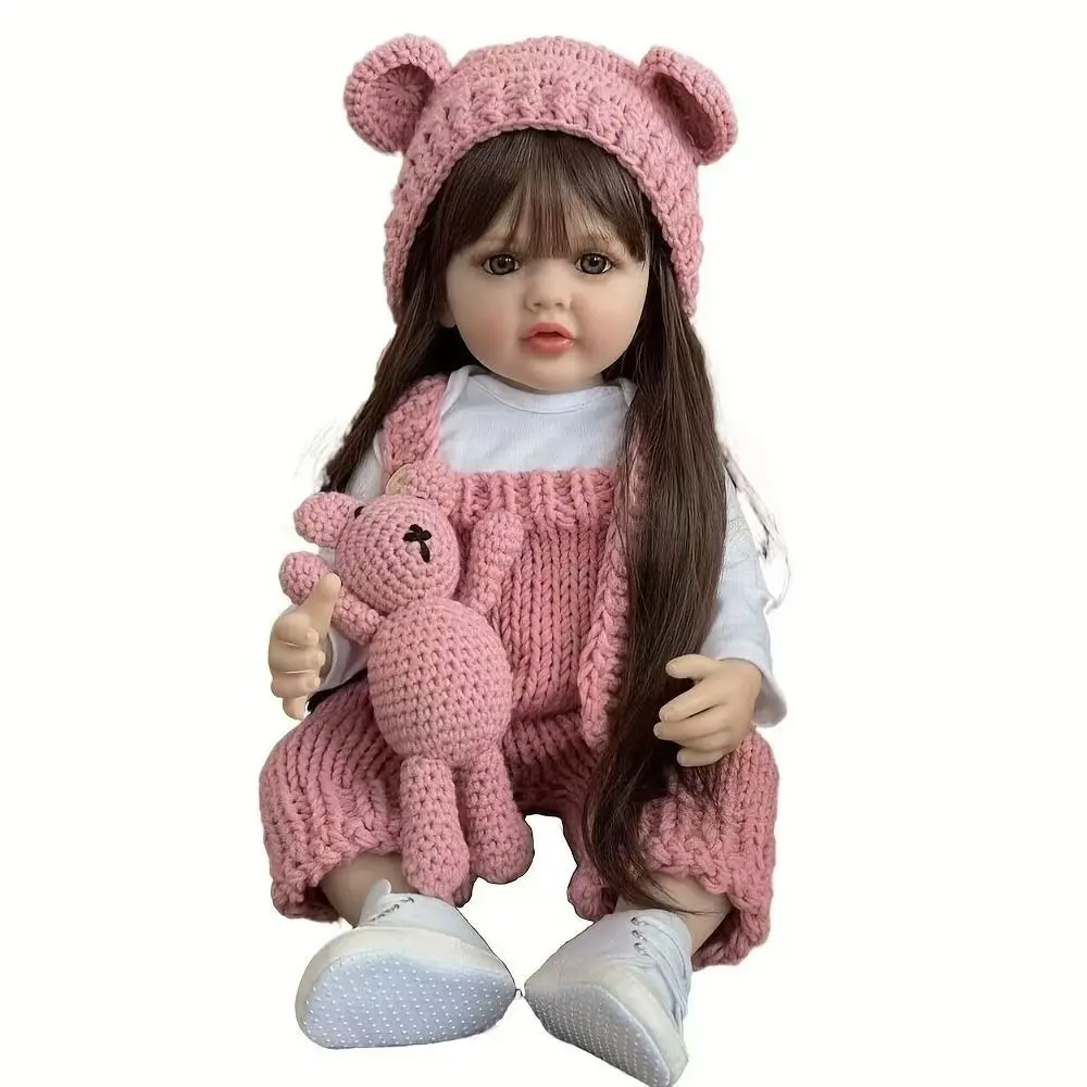 22-Inch Full Soft Silicone Lifelike Handmade Reborn Baby Girl Doll with Pink Crochet Bear Hat, Matching Knit Outfit, Washable Fashion Doll Gift for Collectors & Kids