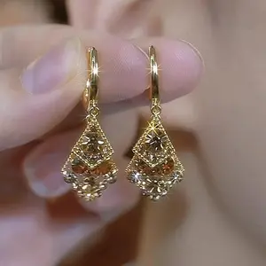 Shiny Maillard Brown Zircon Copper Rhombus Earrings for Women, DDES0172 Light Luxury, High-End, Elegant Drop Earrings, Designer Ear Clips, 14K Gold-Plated
