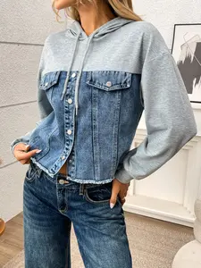 Women's Hooded Denim Patchwork Jacket, Casual Long Sleeve Single Button Frayed Edge Sweatshirt, Street Style Outerwear