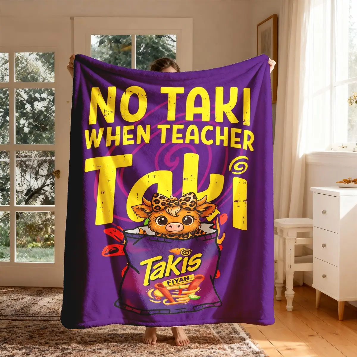 Highland Cow Takis Fun Slogan Flannel Blanket, Large Size, Soft and Lightweight, Perfect for All Seasons, Ideal Gift for Family, Cozy Blankets