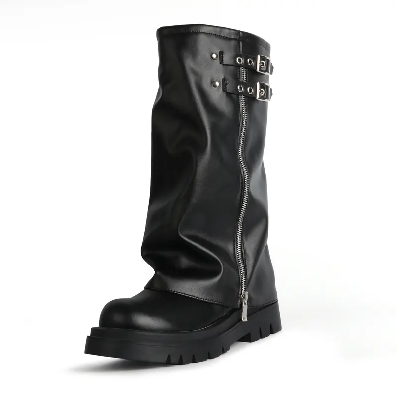 Women's Luxe Thick-Walled Wide-Leg Pleated Platform Mid-Calf Footwear Boot - Punk Gothic Motorcycle Shoes for Women, Double-Stitched Side Zipper, Buckle, Fold-Over Detail, Chunky Block Heel, Slip Resistant