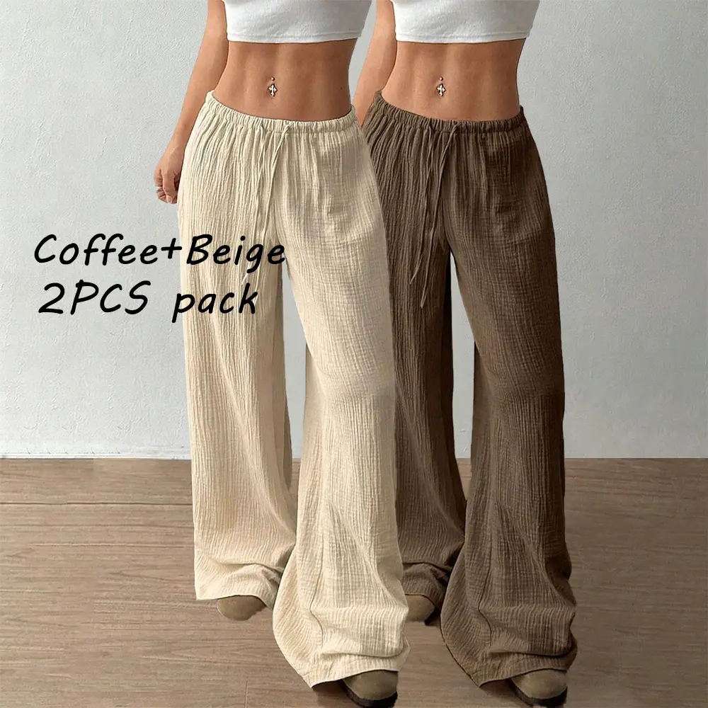 Women's Soft Light Pure Cotton Crepe Wide-Leg Pants, Solid-Color Loose Fit, Fitness & Loungewear Versatile Wardrobe Staple Available in Multiple Colors
