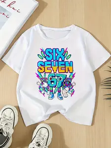 Trendy Cool Boys' Casual Short Sleeve T-Shirt, Pixel Person 67 Digital Cartoon Print, Versatile Elementary School Kids Clothes