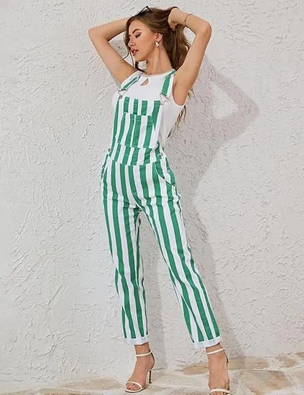 ODEFOU Women's Striped Sleeveless Denim Bib Adjustable Strap Overalls - Relaxed-Fit, Elastic Cuffs, 2 Back Pockets, Stretch Football Print, Fitted Details, Ideal Mother's Day Gift for Spring Fall Wear, Two Back Pockets