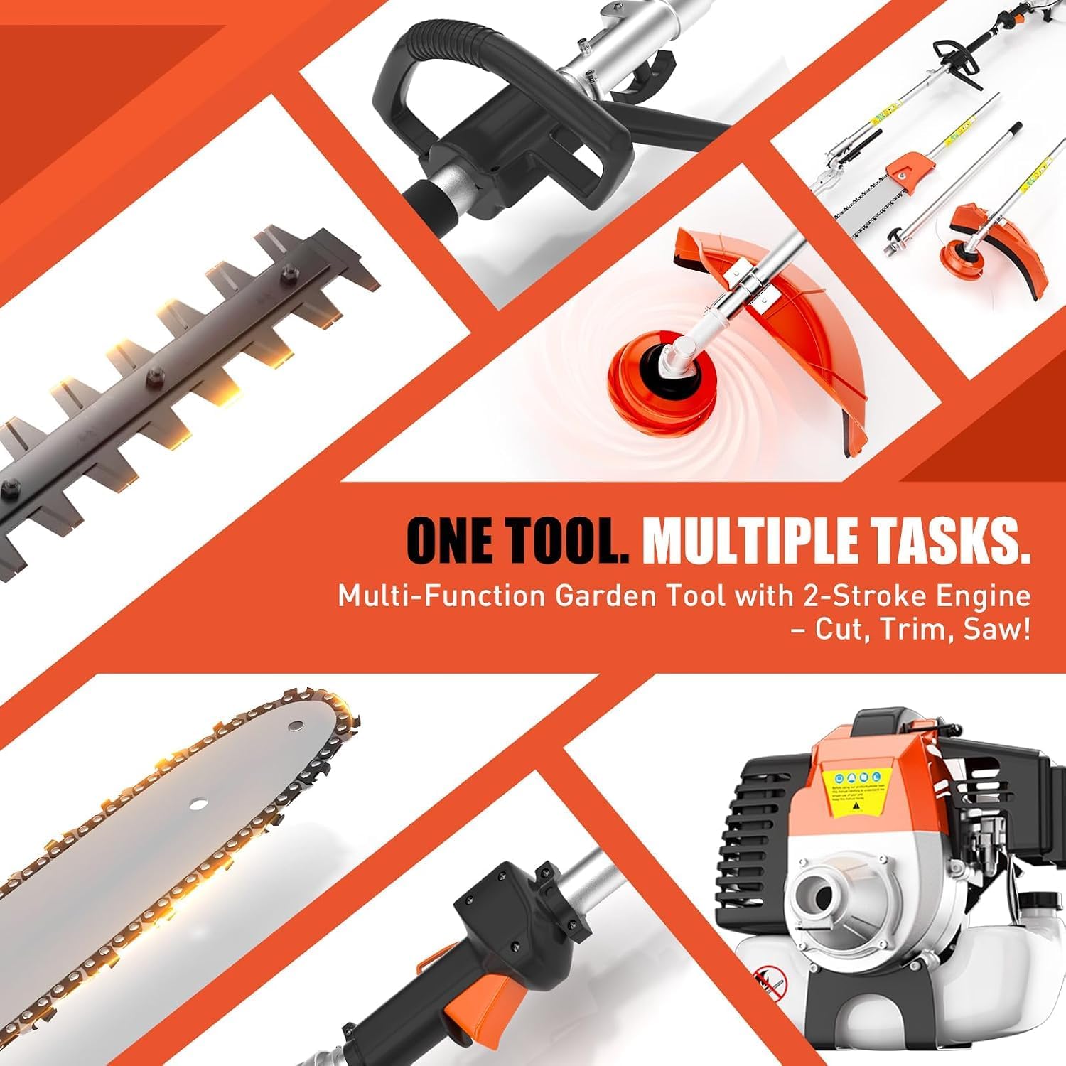 52cc 6-in-1 Gas Powered Pole Saw, 2-Stroke Multi-Function String Trimmer, Weed Wacker, Hedge Trimmer & Brush Cutter for Lawn, Yard, Garden & Landscaping