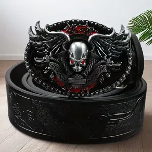 Cross-border men's alloy buckle leather belt, vintage embossed, trendy punk style, unique and stylish, domineering belt, in stock for wholesale