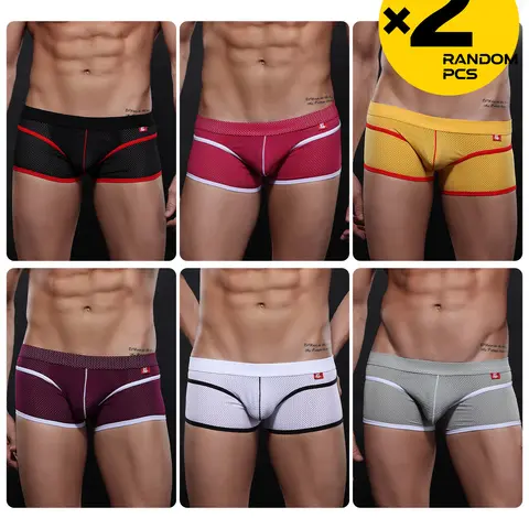 2/3/4 Packs Random Color Men Fine Mesh Boxer Briefs, Hollow Breathable Mesh Fabric, Soft Skin Friendly, Stretch Comfort Underwear For Casual Home Gym Sports Wear, Stretchy Boxer Briefs