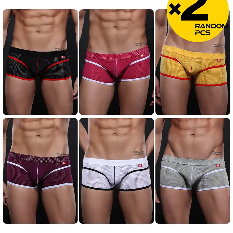 2/3/4 Packs Random Color Men Fine Mesh Boxer Briefs, Hollow Breathable Mesh Fabric, Soft Skin Friendly, Stretch Comfort Underwear For Casual Home Gym Sports Wear, Stretchy Boxer Briefs