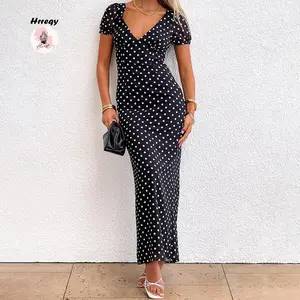 Women Summer LongDress Red Short Sleeve Deep V Neck Dot Print Party Dresses