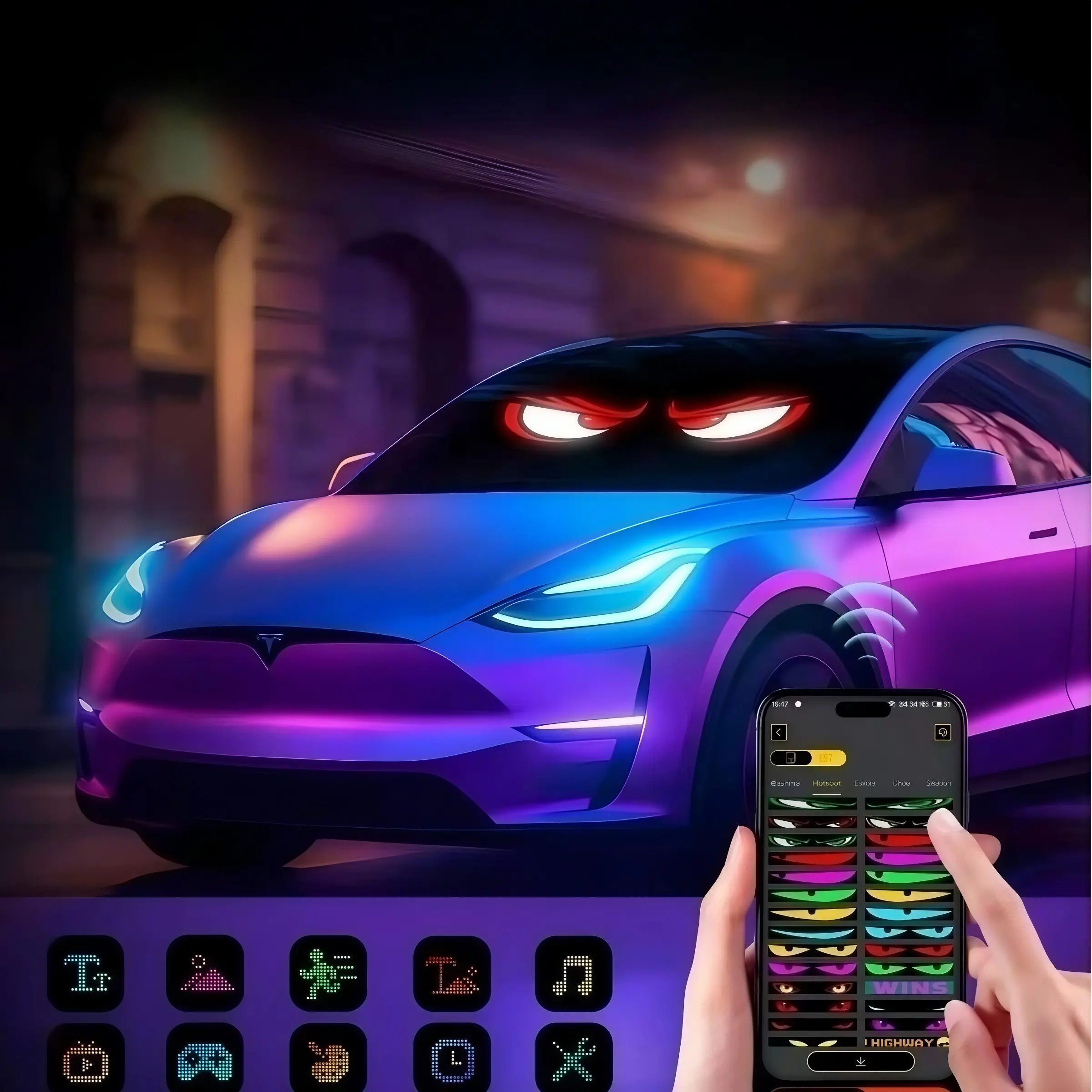 Automotive Demon Eye Lights, Demon Eye Screens, Ultra-thin Programmable Flexible LED Displays, Supporting Text/Pictures/Animations, APP + Remote Control, USB Rolling LED Displays, Car Decorative Light, Suitable for Sedans/Store Decorations/Music Concerts.