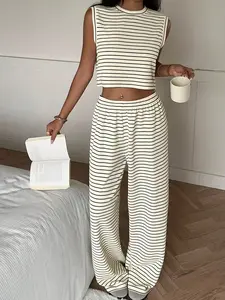 Aesthetic Y2K Striped Two Piece Set Womenswear | Sleeveless Crop Tank + Baggy Jogger Pants Comfy Loungewear for Daily/Streetwear