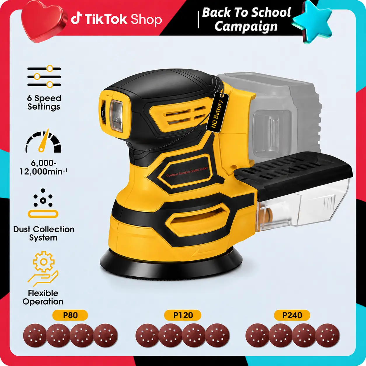 【No Battery】Cordless Random Orbital Sander, Brushless Electric Sander, 6-Speed (6000-12000 RPM), 5 inches Pad, Dust Collection, 12PCS Sandpapers (#80*4/#120*4/#240*4), Compatible with DEWALT 20V Battery for Wood, Metal Sanding & Paint Removal