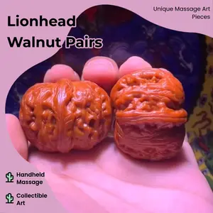 Red Patina Lionhead Walnuts Pair, Natural Handheld Massage Balls, Unique Collectible Art Pieces