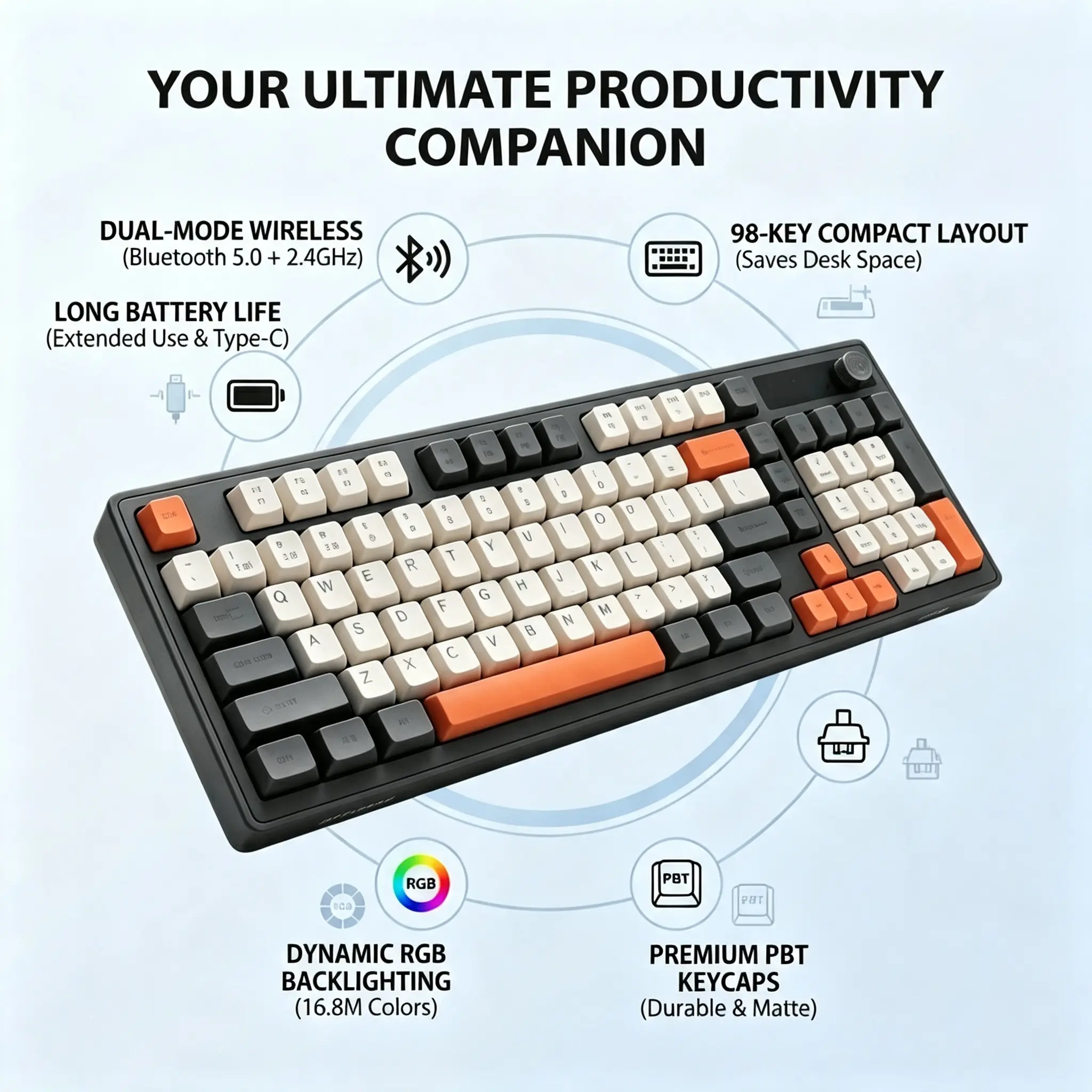 Aesthetic Retro Wireless Keyboard with Knob - Quiet, Compact Layout with Numpad, Bluetooth/2.4G Multi-Device Connectivity for Office Use