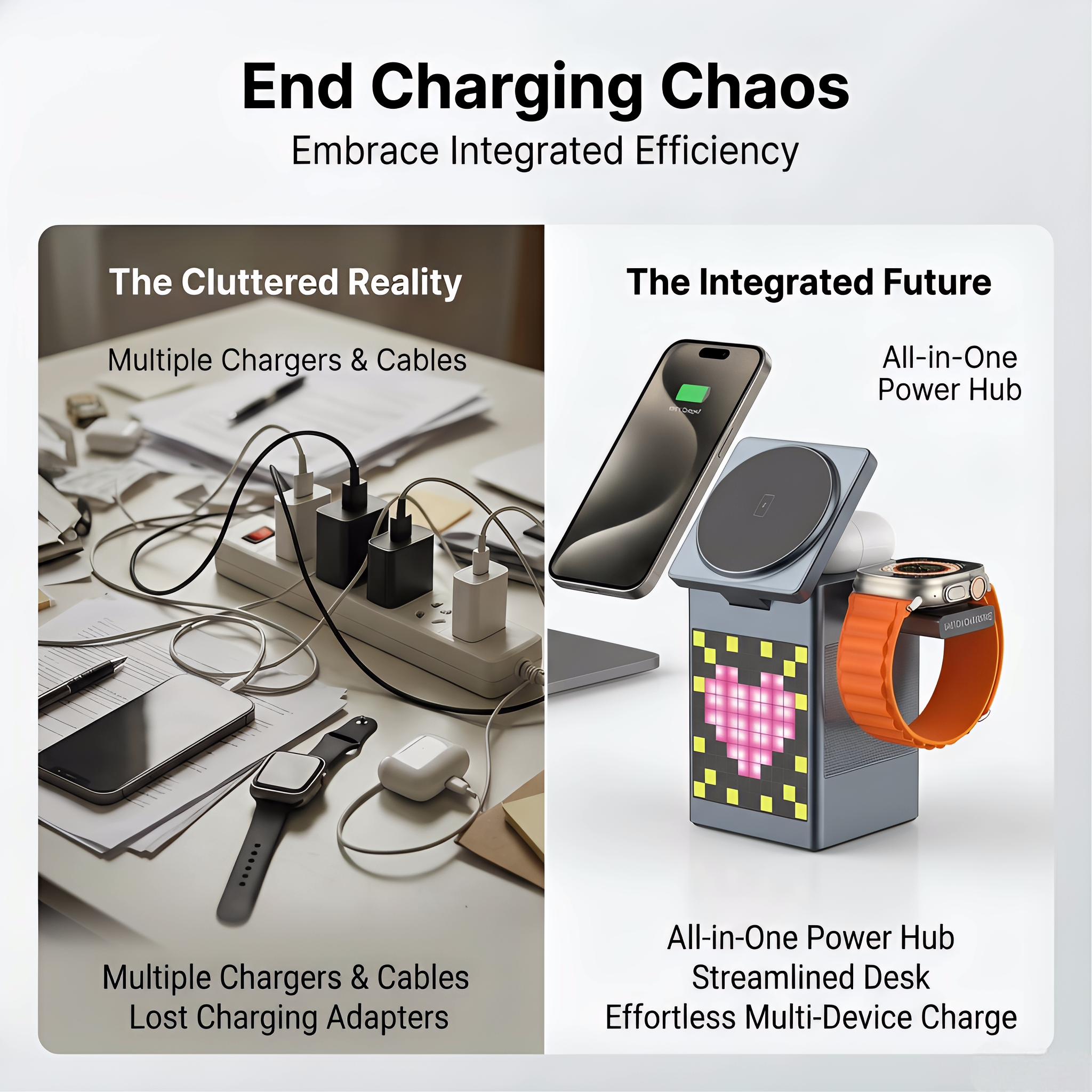 6-in-1 MagSafe-Compatible Magnetic Charger | with Clock & Pixel Display | Multi-Device Desktop Charging Station | Smart Travel Companion for March Madness, Spring Break, World Cup & Easter