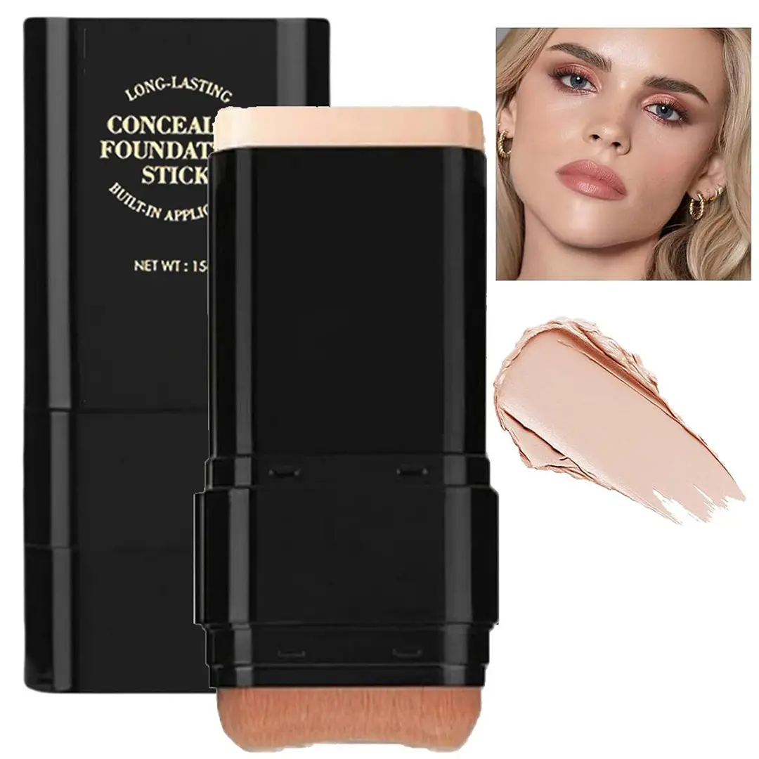 Full Coverage Foundation Stick with Brush, Longwear Concealer & Matte Finish for Blemish Coverage, Portable & Moisturizing Makeup