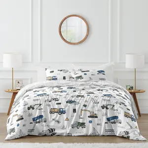 Sweet Jojo Designs Construction Truck Boy Full / Queen Bedding Set Kids Comforter Childrens Size - 3 pieces - Grey Yellow Black Blue and Green Transportation Chevron Arrow