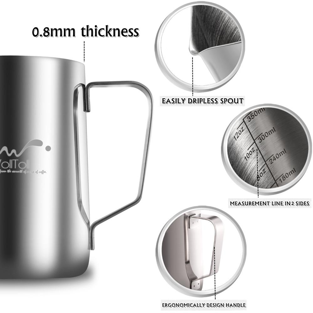 Milk Frothing Pitcher 350ml Stainless Steel for Latte Art Beginners 0.8mm Thick Dripless Spout Dual Measurement Lines Ergonomic Handle Perfect for Coffee Jugs