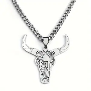 Stainless Steel Western Cowboy Bull Head Pendant Necklace Trendy Jewelry Gift for Men