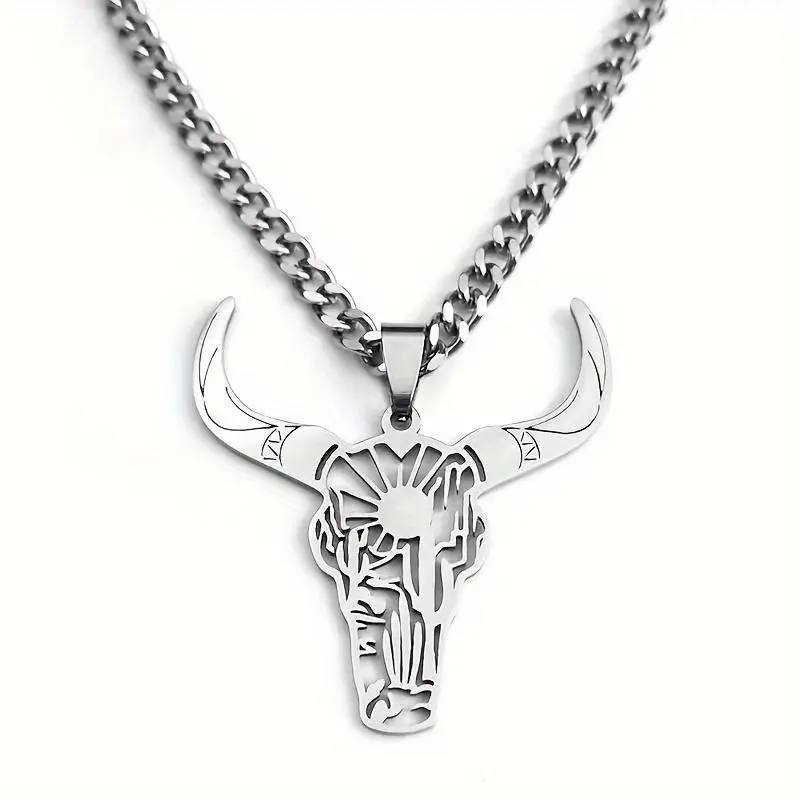 Stainless Steel Western Cowboy Bull Head Pendant Necklace Trendy Jewelry Gift for Men