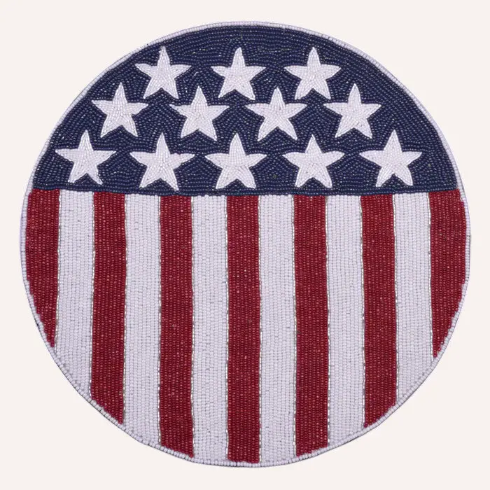 Patriotic Beaded Round USA Flag Table Placemat with Embroidered Beadwork, Indoor Tableware Set