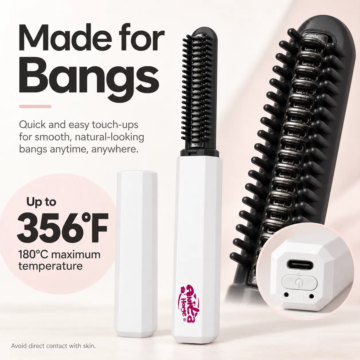 Mini Heated Bangs Styling Comb - USB Rechargeable, Smooth Hair Straightening & Curling Tool, Portable Personal Care Appliance