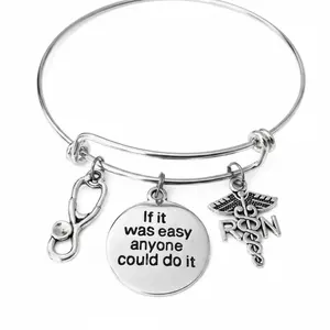 RN Gift Bracelet – Registered Nurse Charm Bangle with Stethoscope, Caduceus & Inspirational Quote, Silver Adjustable Wire