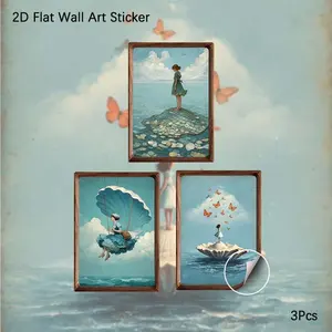 2D Flat Wall Art, 3Pcs PVC Self-Adhesive Framed Wallpaper, Dreamy Ocean Fairy Tale Surreal Girl Illustration Wall Decals, Aesthetic Whimsical Coastal Fantasy Art Wall Decor for Living Room, Bedroom, Nursery, Perfect Gift for Art Lovers