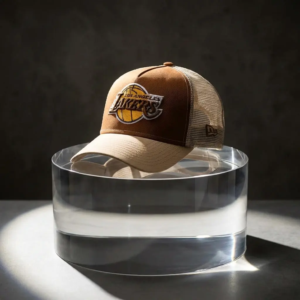 A  snapback hat with embroidered  Los Angeles Lakers logo, sitting on a neon-lit street in Studio at night, wet pavement reflection.