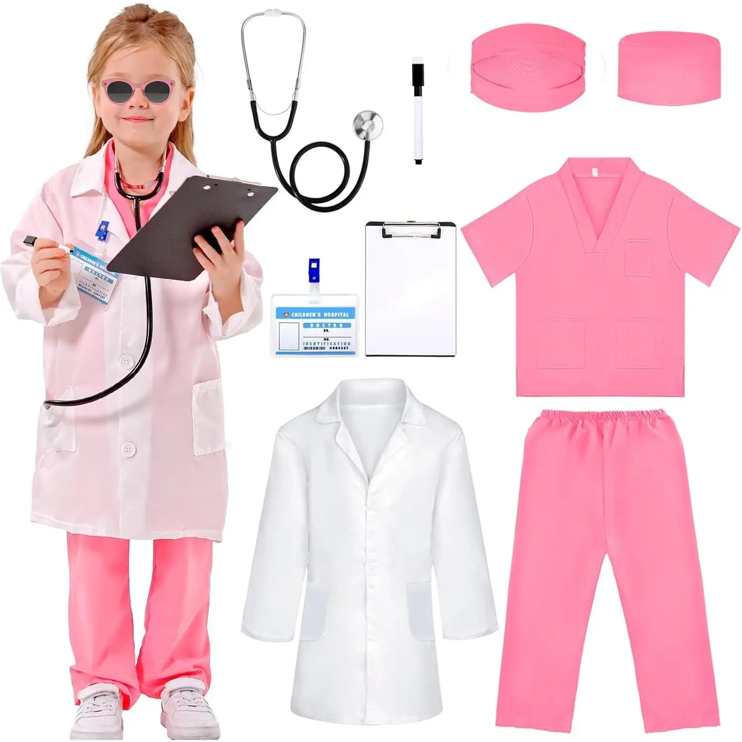 Kids' 9-Piece Doctor Costume Set - Polyester Scrub Set with Soft Scrubs, Lab Coat, Real Stethoscope, ID Badge, 4T Toddler Role Play Outfit, Halloween Costume for Parties