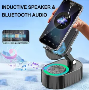 New Wireless Induction Audio Bluetooth Speaker 5in1 Cellphone Holder USB Emergency Rechargeable (3000mAh) Portable Power Mobile Tablet Stand with Colorful Ambient Light Gifts for Friend, Family