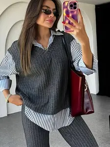 Elegant Casual Striped Patchwork Long Sleeve Shirt and Loose Wide Leg Pants Set, Women's Plus Size Two-Piece