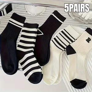 5 Pairs of Mixed Color Black and White Striped Socks, Casual Sports Tube Socks, Suitable for Wearing All Year Round NONE