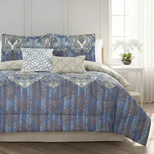 BLUE DISTRESSED DAMASK COMFORTER SET