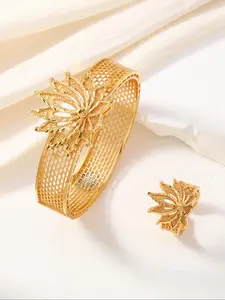 Women's Elegant Flower Design Cuff Bangle & Ring, Fashionable Jewelry Set, Fashion Jewelry for Party, Daily Clothing Decor, Trendy All-match & Exquisite Jewelry for Birthday Gift