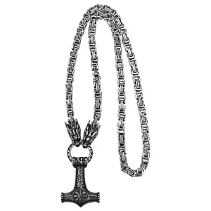 OIDEA Viking Necklace for Men - Stainless Steel Double Dragon Head Thor's Hammer Pendant Byzantine Chain Norse Gothic Jewelry summerwins,summerwins