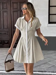 Elegant Striped Button Front Shirt Dress, Spring Summer Fitted Short Sleeve, Slimming Waist Commuter Style, A-Line Hem