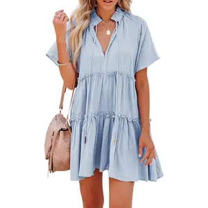 FMEYOA Womens Split V Neck Drawstring Neck Tie Ruffle Tiered Dress Short Sleeve Babydoll Tunic Swing Mini Dresses Sundresses
