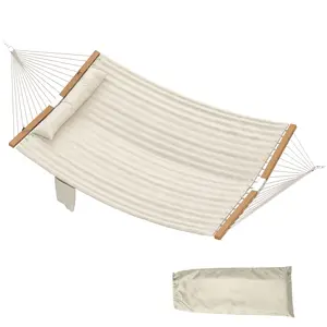 Cream White Double Hammock – Soft quilted fabric. Anti-tip beechwood bars. 440 lbs capacity. Includes chains & 36 cotton ropes. Relax on balcony or patio